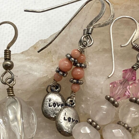 Vintage Lot of 3 Pink Quartz Beaded Dangle Earrings Sterling 925 Silver 11g - Picture 6 of 10